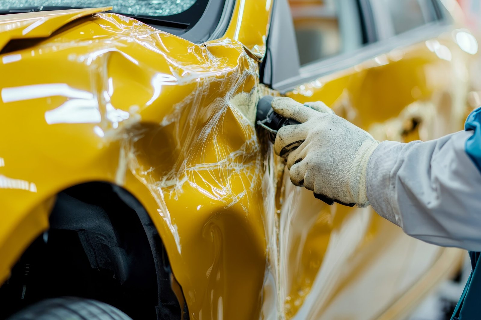 Home expert technician restores yellow car body after accident modern auto repair service